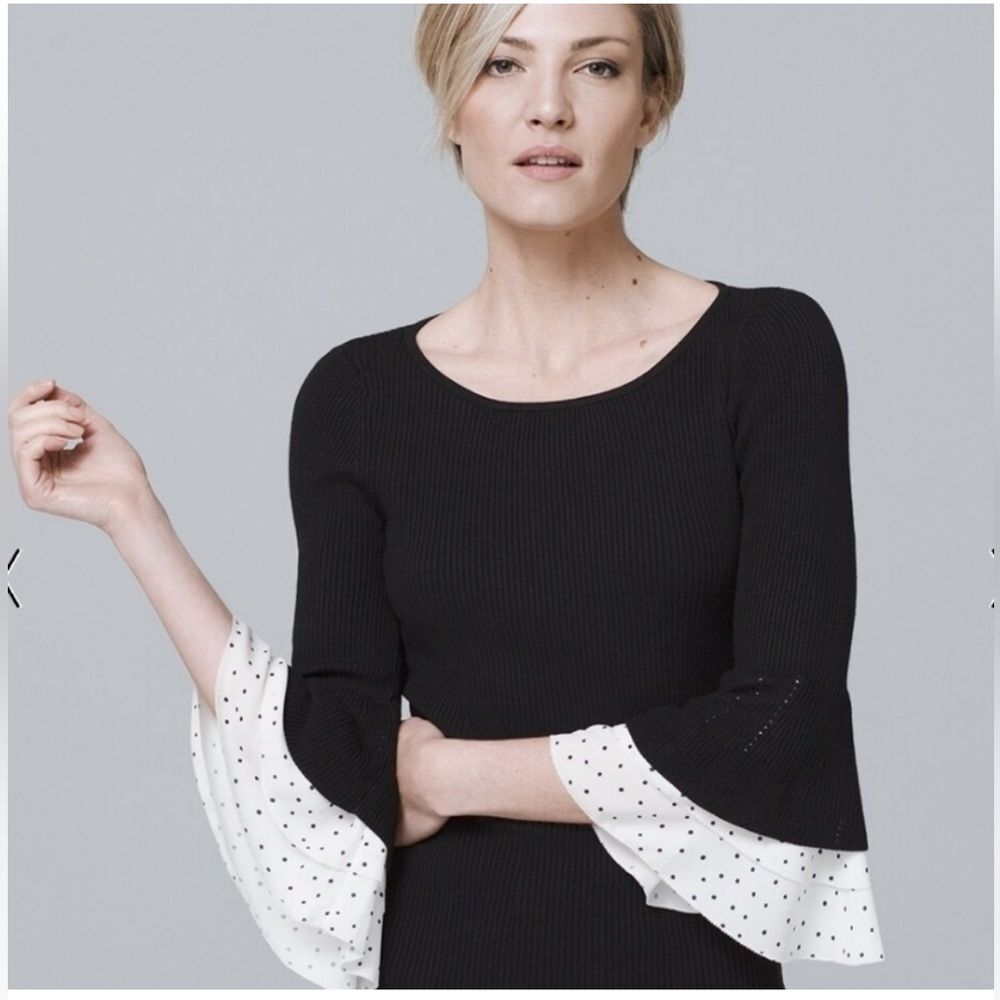 White House Black Market Black Top with White Polka Dot Flutter Sleeves Size XS
